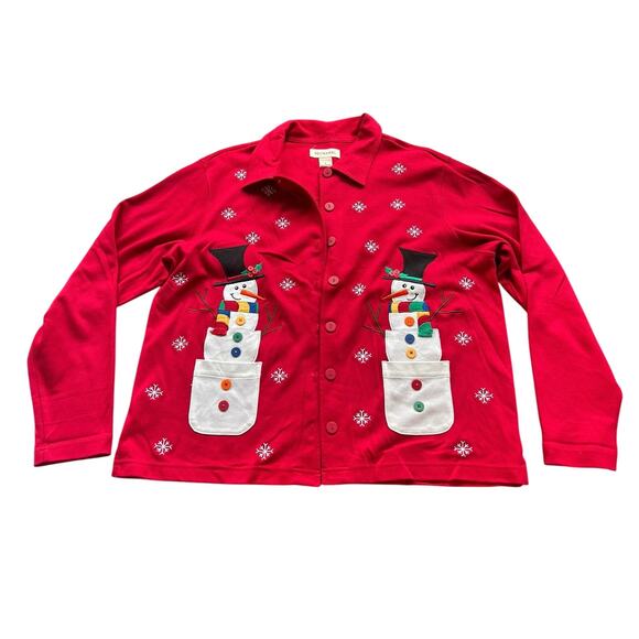 Bechamel-LRG Front button collar blouse- Cotton- Snowman Design- hot red winter - Picture 1 of 8